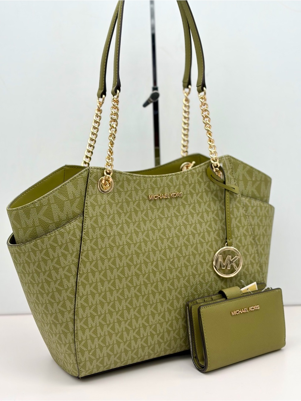 Michael Kors Olive Green MK Signature Chain Tote Shoulder Bag with Wallet Set